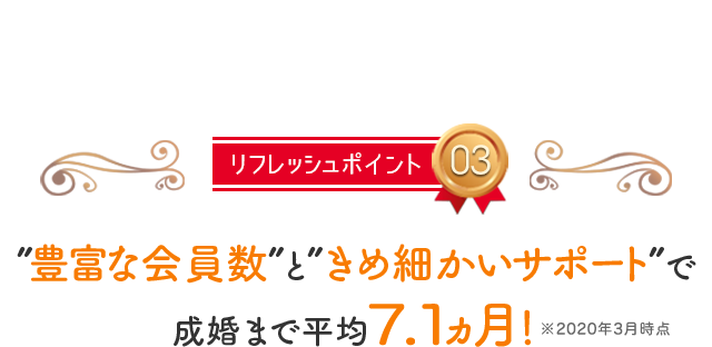 リフレッシュポイント03,”豊富な会員数”と”きめ細かいサポート”で成婚まで平均7.6ヵ月！